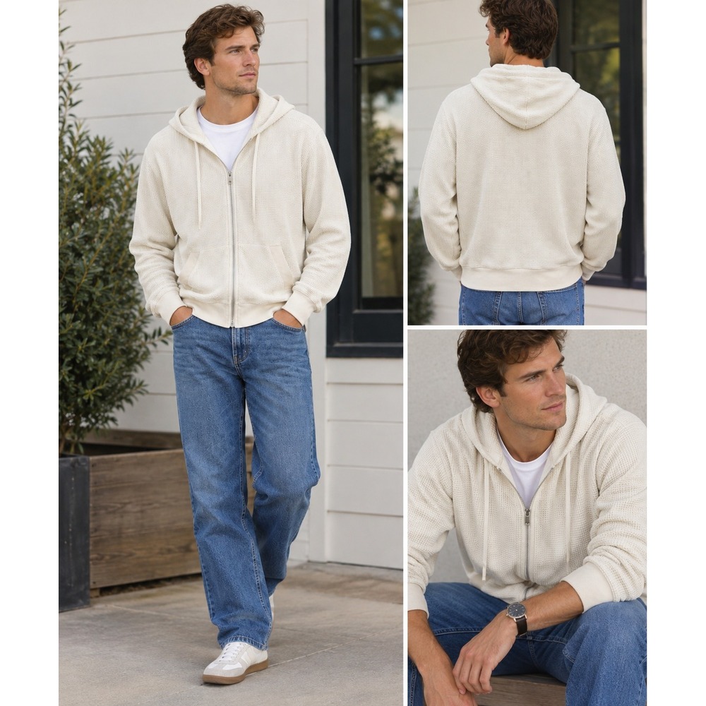 Theory Mens Ridge Waffle Knit Hoodie Sweater Size Medium Ivory Full Zip